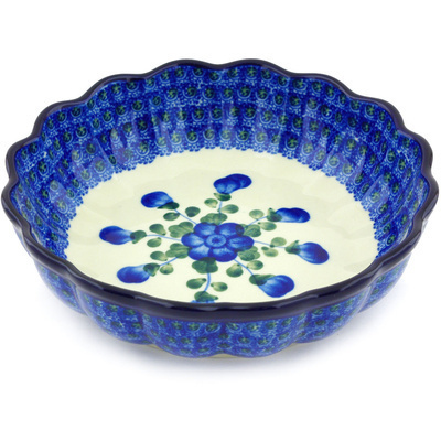 Polish Pottery Scalloped Fluted Bowl 8&quot; Blue Poppies