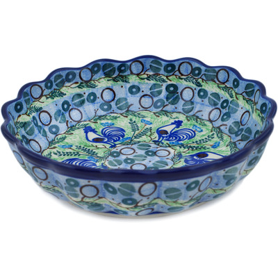 Polish Pottery Scalloped Fluted Bowl 8&quot; Blue Rooster UNIKAT