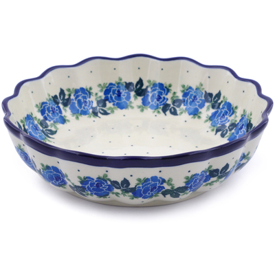 Polish Pottery Scalloped Fluted Bowl 8&quot; Blue Rose