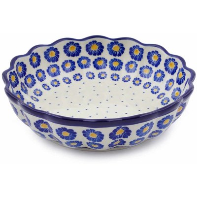 Polish Pottery Scalloped Fluted Bowl 8&quot; Blue Zinnia