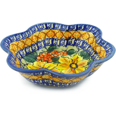 Polish Pottery Scalloped Fluted Bowl 8&quot; Colorful Bouquet UNIKAT