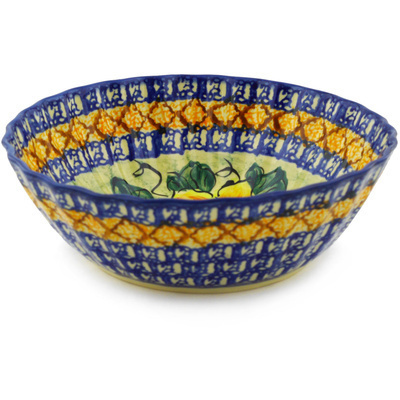 Polish Pottery Scalloped Fluted Bowl 8&quot; Colorful Bouquet UNIKAT