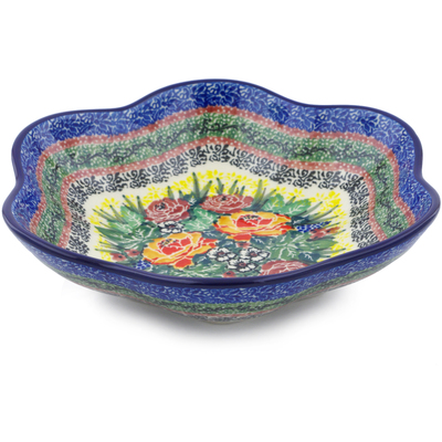 Polish Pottery Scalloped Fluted Bowl 8&quot; Copper Rose Meadow UNIKAT