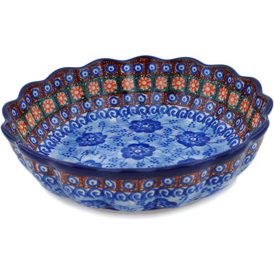 Polish Pottery Scalloped Fluted Bowl 8&quot; Dancing Blue Poppies UNIKAT