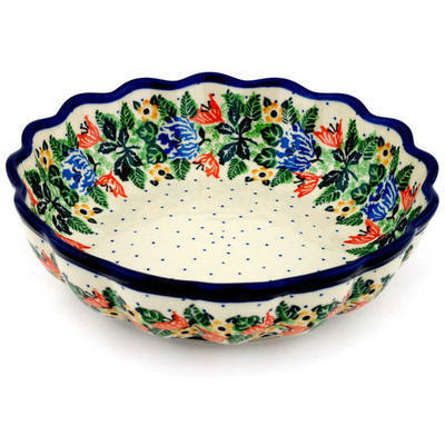Polish Pottery Scalloped Fluted Bowl 8&quot; Dotted Floral Wreath UNIKAT