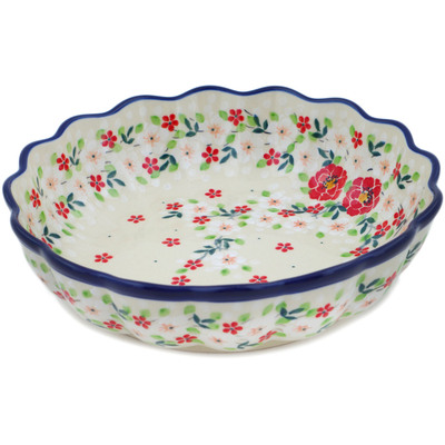 Polish Pottery Scalloped Fluted Bowl 8&quot; Festive Mistletoe UNIKAT