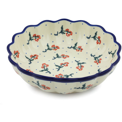 Polish Pottery Scalloped Fluted Bowl 8&quot; Flower Surprise