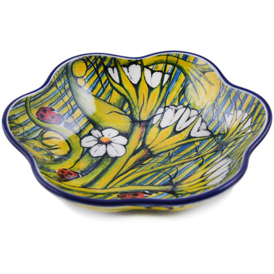 Polish Pottery Scalloped Fluted Bowl 8&quot; Grass Tales UNIKAT