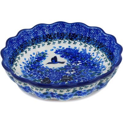 Polish Pottery Scalloped Fluted Bowl 8&quot; Hummingbird Blue UNIKAT