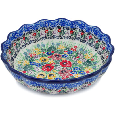 Polish Pottery Scalloped Fluted Bowl 8&quot; Pansy Garden UNIKAT