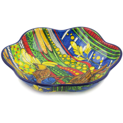 Polish Pottery Scalloped Fluted Bowl 8&quot; Rainbow Day UNIKAT