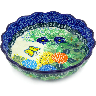 Polish Pottery Scalloped Fluted Bowl 8&quot; Spring Garden UNIKAT