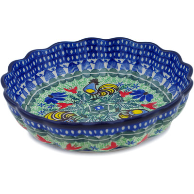 Polish Pottery Scalloped Fluted Bowl 8&quot; Spring Rooster UNIKAT