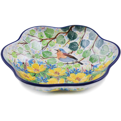 Polish Pottery Scalloped Fluted Bowl 8&quot; Welcome Spring UNIKAT