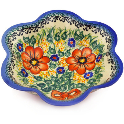 Polish Pottery Scalloped Fluted Bowl 8&quot; Wild Bouquet UNIKAT