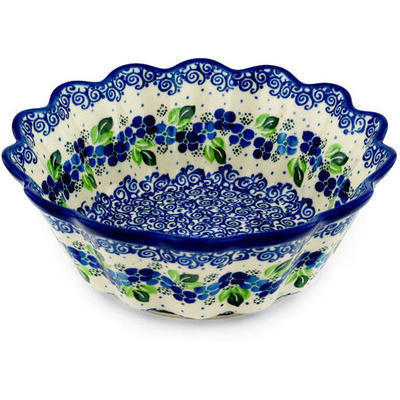 Polish Pottery Scalloped Fluted Bowl 9&quot; Blue Phlox