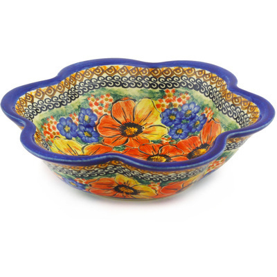 Polish Pottery Scalloped Fluted Bowl 9&quot; Bright Beauty UNIKAT