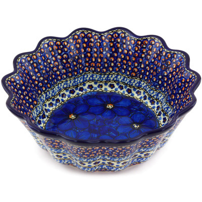 Polish Pottery Scalloped Fluted Bowl 9&quot; Cobalt Poppies UNIKAT