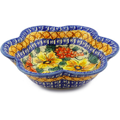 Polish Pottery Scalloped Fluted Bowl 9&quot; Colorful Bouquet UNIKAT