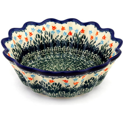 Polish Pottery Scalloped Fluted Bowl 9&quot; Dancing Tulips