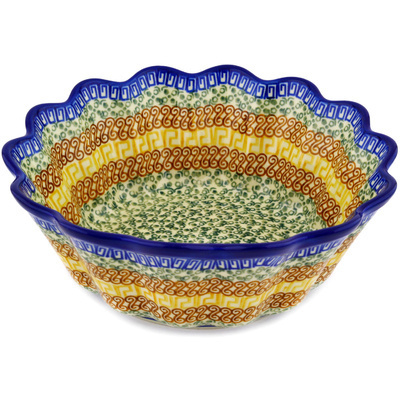 Polish Pottery Scalloped Fluted Bowl 9&quot; Grecian Sea