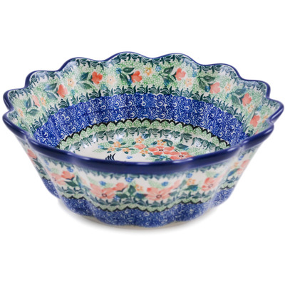 Polish Pottery Scalloped Fluted Bowl 9&quot; Green Bird UNIKAT