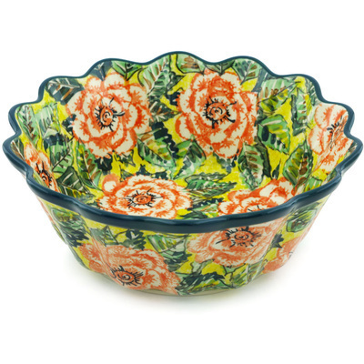 Polish Pottery Scalloped Fluted Bowl 9&quot; Orange Peonies UNIKAT