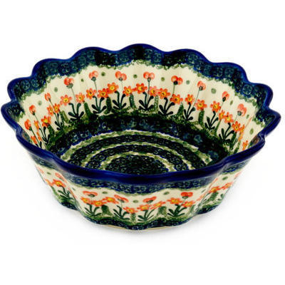 Polish Pottery Scalloped Fluted Bowl 9&quot; Peach Spring Daisy