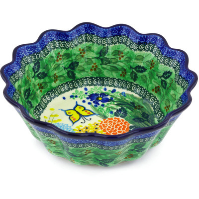 Polish Pottery Scalloped Fluted Bowl 9&quot; Spring Garden UNIKAT