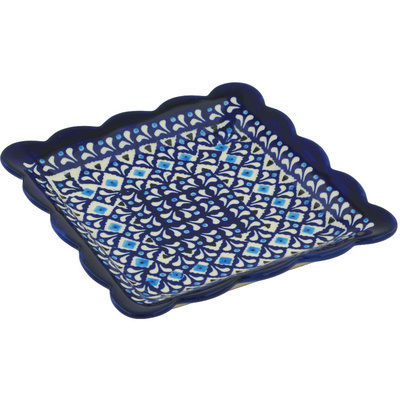 Polish Pottery Scalloped Platter 6&quot; Blue Diamond Dream