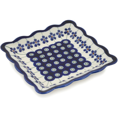 Polish Pottery Scalloped Platter 6&quot; Flowering Peacock