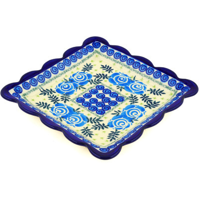 Polish Pottery Scalloped Platter 6&quot; Lady Blue Roses UNIKAT