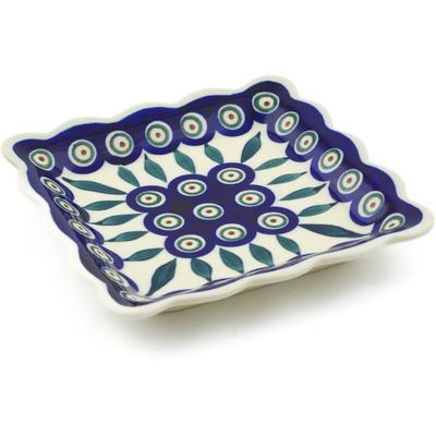 Polish Pottery Scalloped Platter 6&quot; Peacock Leaves