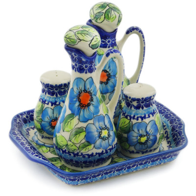 Polish Pottery Seasoning Set 7&quot; Bold Blue Poppies UNIKAT