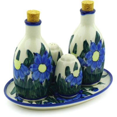 Polish Pottery Seasoning Set 8&quot; Blue Coneflower UNIKAT