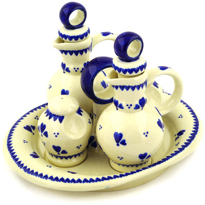 Polish Pottery Seasoning Set 9&quot; Blue Heart Trio