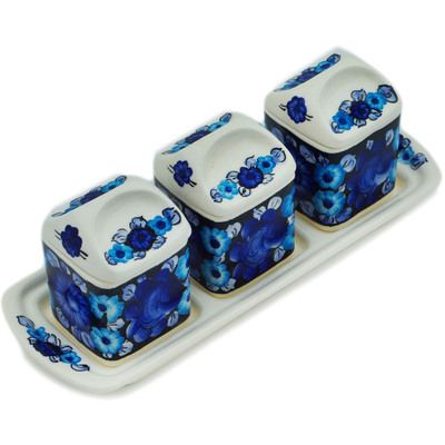 faience Seasoning Set 9&quot; Cobalt Flowers