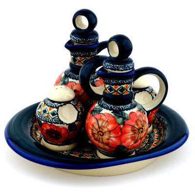 Polish Pottery Seasoning Set 9&quot; Peach Poppies UNIKAT