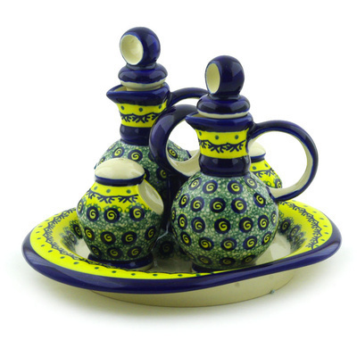 Polish Pottery Seasoning Set 9&quot; Peacock Bumble Bee