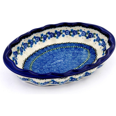 Polish Pottery Serving Bowl 10&quot; Blue Bud Sea