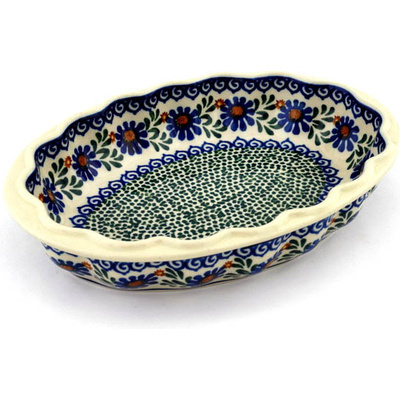 Polish Pottery Serving Bowl 10&quot; Blue Daisy Meadow