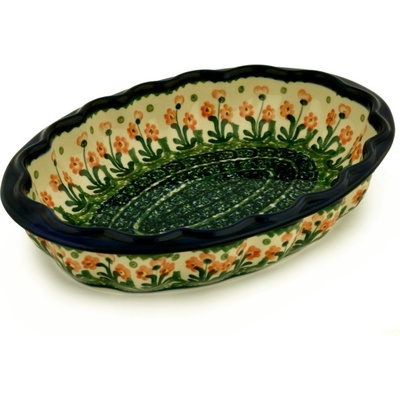 Polish Pottery Serving Bowl 10&quot; Peach Spring Daisy