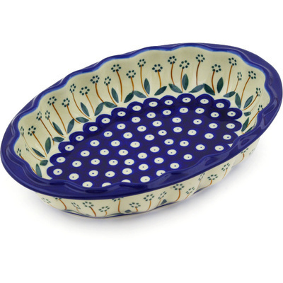 Polish Pottery Serving Bowl 10&quot; Pushing Daisy Peacock