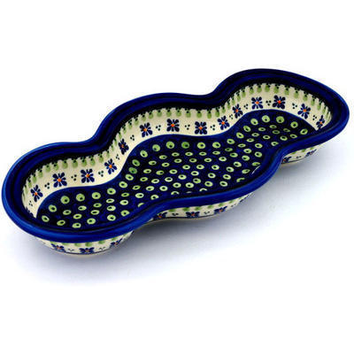 Polish Pottery Serving Bowl 14&quot; Green Gingham Peacock