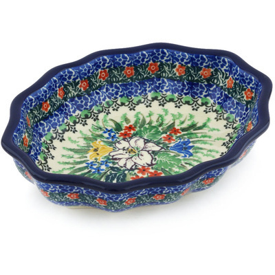 Polish Pottery Serving Bowl 7&quot; White Lily Meadow UNIKAT