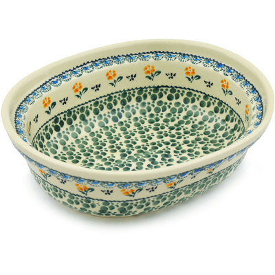 Polish Pottery Serving Bowl 8&quot; Green Bubbles