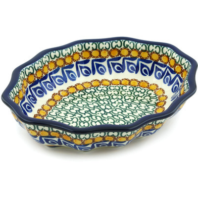 Polish Pottery Serving Bowl 9&quot; Blue Leaves