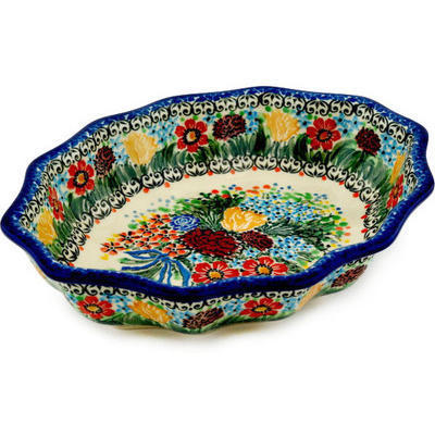 Polish Pottery Serving Bowl 9&quot; Blue Ribbon Bouquet UNIKAT