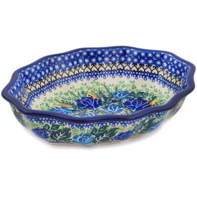 Polish Pottery Serving Bowl 9&quot; Brilliant Blue Rose UNIKAT