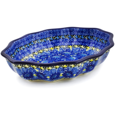 Polish Pottery Serving Bowl 9&quot; Deep Blue UNIKAT